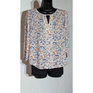 Collective Concepts Paisley Print Long Sleeve Blouse Keyhole Neckline Top Xsmall